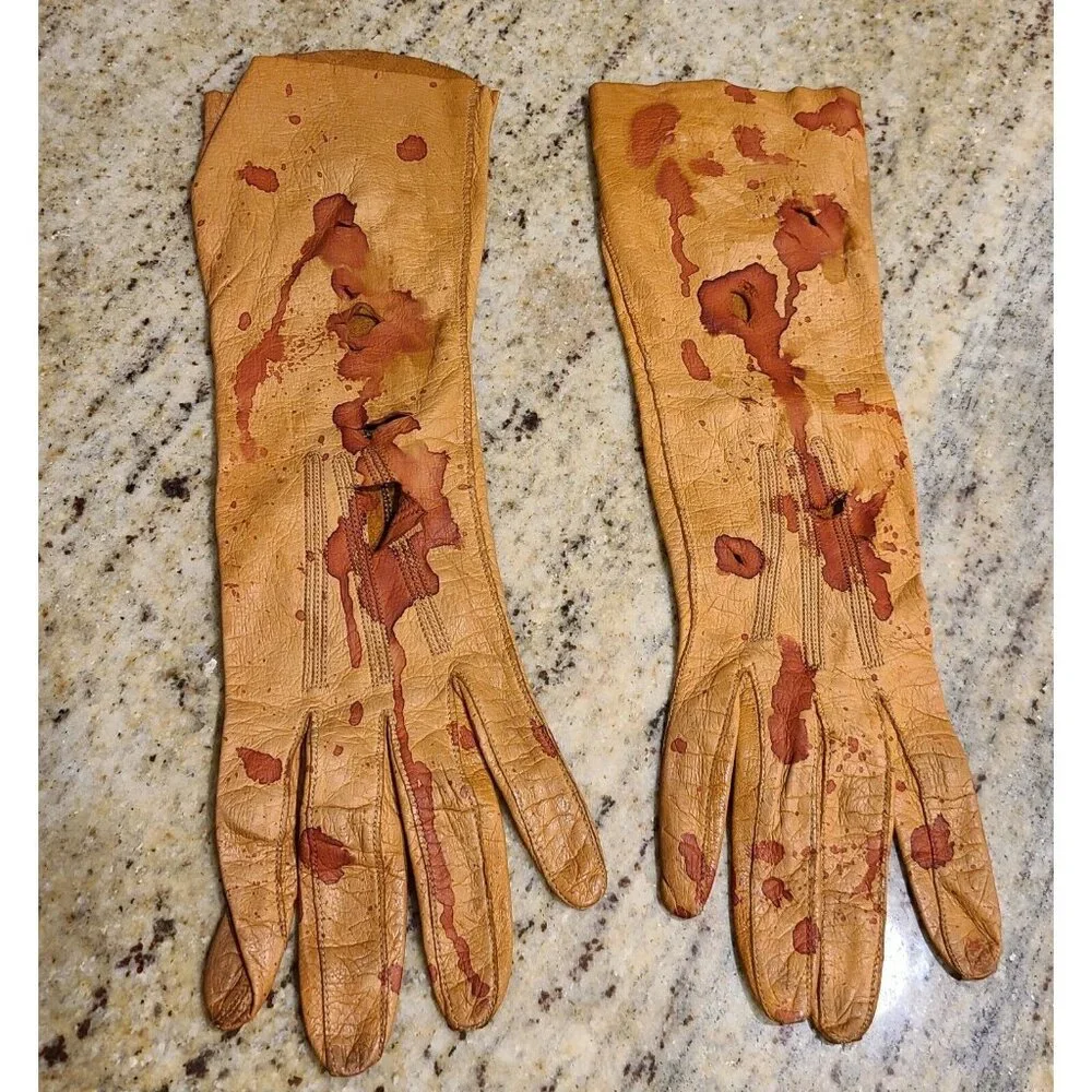 Vintage Size S Brown Leather Gloves Fake Bloody Horror Costume Slashed Worn